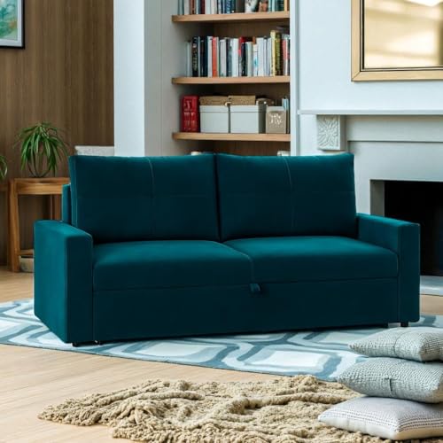 Image of CASASTYLE Seria 2 Seater Pull-Out Premium Fabric Sofa Cum Bed Sofa Set for Living Room (Greenish Teal) Velvet Finish | Comfortable Sofa Bed