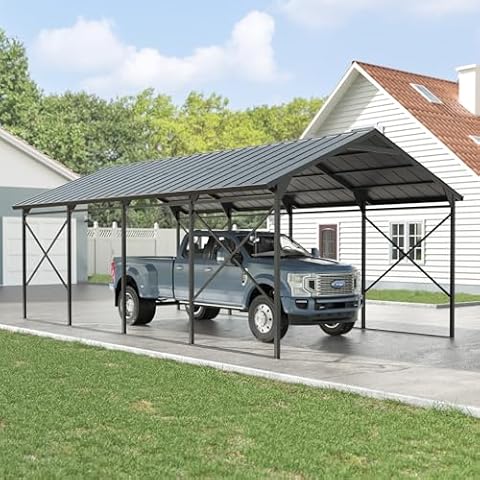 Kullavik 12' x 22' Hardtop Metal Carport with Enhanced Base Heavy Duty Garage, Metal Canopy Shelter,Outdoor Galvanized Metal Roof Shelter for Cars,Trucks,Pickups,Tractors & Boat Cover