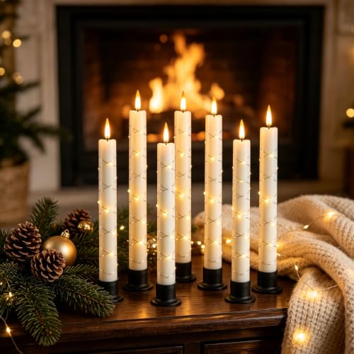 Image of Da by 6 Pack Ivory Heat Resistant Flameless Taper Candles, Cross Surrounding Fairy String Lights, Realistic Dynamic Flame LED Candles with Remote Control for Indoor Outdoor Decor
