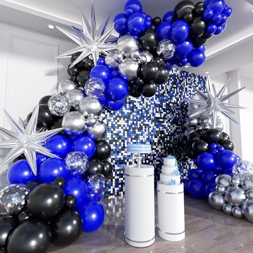 Image of Blue and Black Balloon Arch Kit, 201Pcs Explosion Star Royal Blue Metallic Sliver Black Balloon Garland kit, Different Size Balloons for Anniversary Birthday Graduation Prom Party Decorations