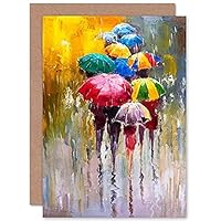 Umbrellas In The Rain Colourful Painting Birthday - Personalised & Blank Greeting Card MCL