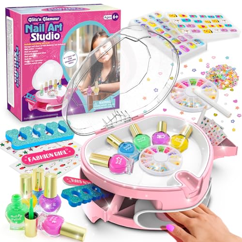 Kids Nail Polish Set for Girls, Nail Salon for Kids Ages 7-12, All-in-One Nail Art Kit with Nail Dryer & Press On False Nails, DIY Decorative, Stickers, Non-Toxic Polish, Gifts for Girls