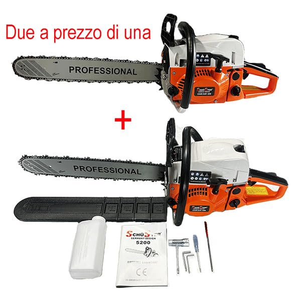 DUE PZ MOTOSEGA A SCOPPIO 52CC LAMA 50CM SISTEMA ANTI VIBRAZIONI BLOCCO CATENA