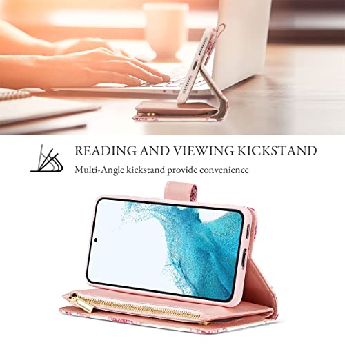 UEEBAI Wallet Case for Samsung Galaxy S23 5G, Premium PU Leather Magnetic Closure Handbag Zipper Pocket Case Kickstand Card Slots with Hand Strap Flip Wallet Case for Women - Pink Flower by UEEBAI - Image 3