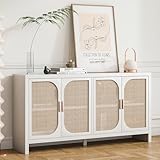 Lisicues Rattan Sideboard Buffet Cabinet with Storage, Accent Cabinet Storage Cabinet Console Table with 4 Rattan Doors and Adjustable Shelf Liquor Cabinet, Dining Room, Hallway (White)
