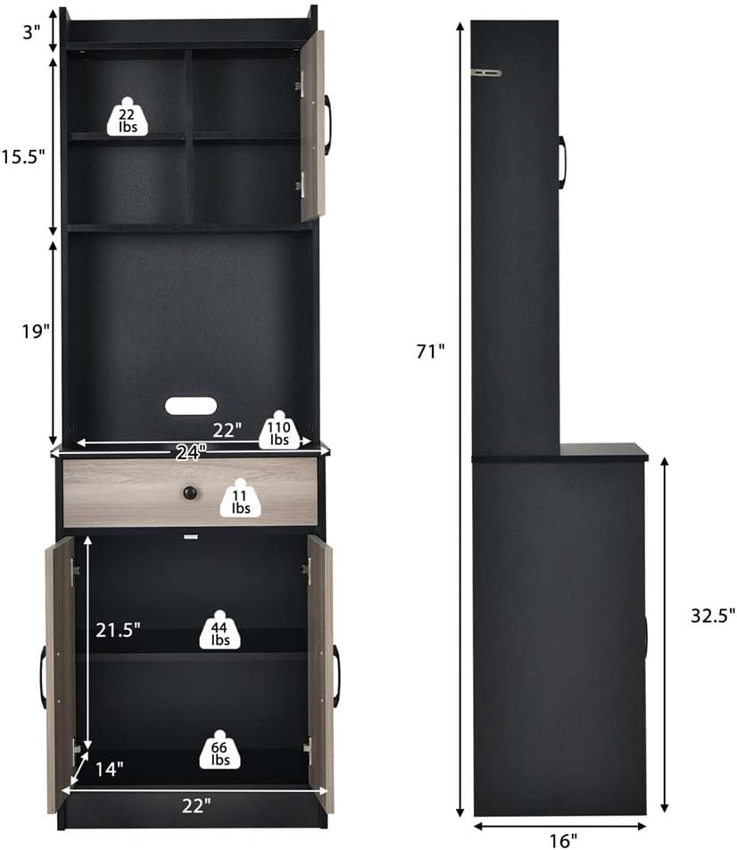 n/a 3-Door 71" Kitchen Buffet Pantry Storage Cabinet W/Hutch Adjustable Shelf Black/White (Color : Black, Size : 180 * 60 * 40cm) : Home & Kitchen