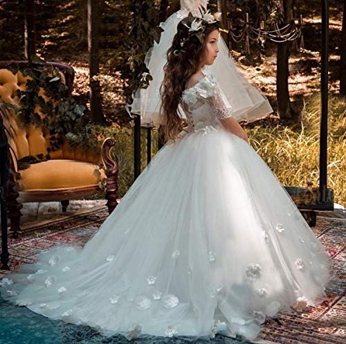 Lace Flower Girls Dresses for Wedding Off Shoulder Short Sleeves First Communion Gowns2