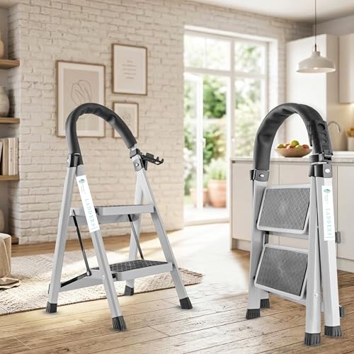 Image of Norman Jr White 2 Step Ladder for Home Use with Built-in Tool Tray | Heavy Duty D Shape Rods | Ultra Large Platform | Wide Rubber Feet | 150Kg Capacity Foldable Ladder - 7 Years Warranty