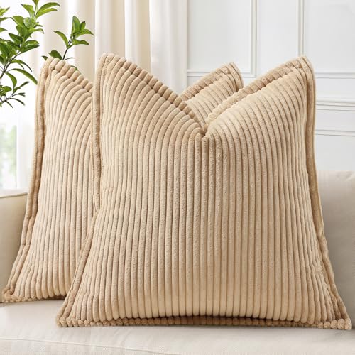 decorUhome Corduroy Light Brown Throw Pillow Covers 20x20 Set of 2 Decorative Soft Boho Striped Neutral Euro Farmhouse Couch Pillow Cases with Broadside for Living Room Bed Sofa