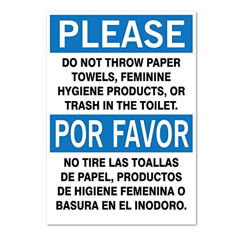 Image of (2 Pack) Please: Do Not Throw Paper Towels, Feminine Hygiene Products, or Trash in Toilet Vinyl Sticker. 3.5X5 Inch Bilingual. Por Favor No Tirar Las Toallas De Papel o Basura