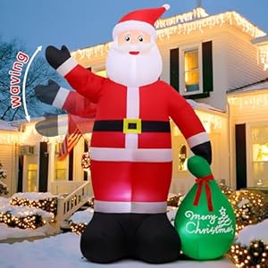 GOOSH 10.3 FT Waving Christmas Inflatable Santa Decorations, Outdoor Christmas Santa Claus with Gift Bag&Animated Hand Blow Up Yard Decor with Built-in LEDs for Xmas Holiday Party Garden Lawn