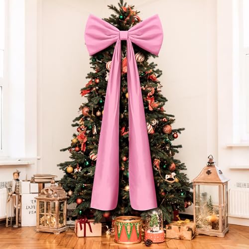 Knitgrip 20 x 71 Inches Christmas Extra Large Velvet Bows Christmas Tree Topper Decor Giant Xmas Tree Toppers Bows for Home Wreath Wall Backdrop Birthday Wedding Party Decorations(Pink)