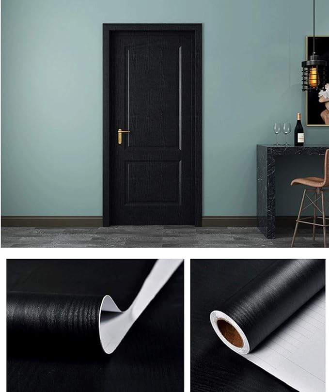 Image of Grasscloth Texture Contact Paper Peel and Stick Wallpaper Removable Friendly Wallpaper for Locker, Cabinets, Countertop, Wall Decor and Renovation (0.6Mx48-Inch, Leather Black Wood)