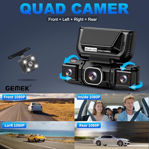 Image of 360 Degree View 4 Channel Dash Cam 5G WiFi & APP Control, GEMEK 2K Front and Rear Inside, Left Right Dash Camera for Cars Free 64GB TF Card, G-Sensor, Night Vision, 24H Parking Mode
