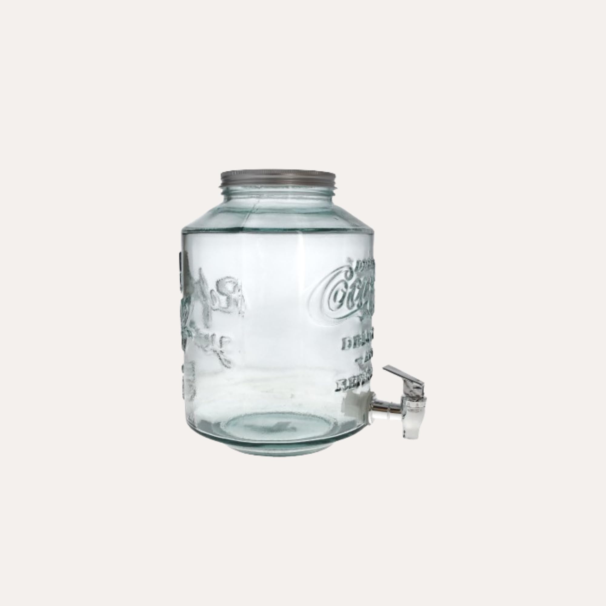Keyhomestore Szklany dozownik Coca-Cola z kranem 5 l – wysokość 27 cm, szerokość 20 cm, głębokość 23 cm – idealny do napojów, koktajli i codziennego użytku