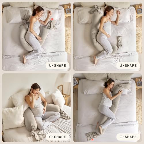 Image of bbhugme Pregnancy Pillow, Seashell Beige - Adjustable Firmness & Shape - Full Body Support for Side Sleeping - Supports Back, Legs, Belly, Hips - Removable Cooling Cover for Pregnant Women
