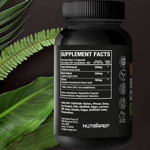 NutraPep Wormwood Black Walnut Clove Capsules - Natural Detox Gut Cleanse - Digestive Health & Intestinal Support - Advanced Wormwood Combination Walnut Herb Extract Supplement for Adults