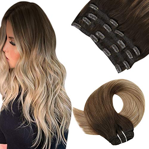 JoYoung Clip in Human Hair Extensions Balayage Hair Dark Brown to Platinum Blonde with Caramel Blonde Human Hair Clip in Extensions Balayage Hair Double Weft Clip in Human Hair 16in 7pcs 120g