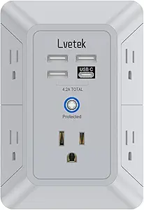 Outlet Extender, Surge Protector Outlet with 5-Multi Plug Outlet and 4 USB Ports(1 USB C), 3-Sided 1680J Power Strip Wall Charger, Multiple-Plug Outlet Splitter for Home Travel Office,ETL Listed,Grey