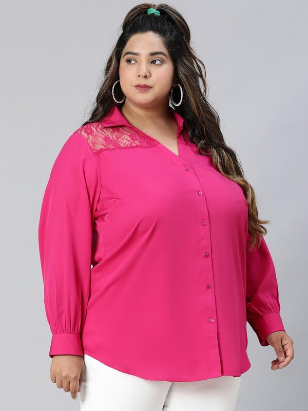 Image of oxolloxo Women Plus Size lace Detailed Collared Long Sleeve Shirt
