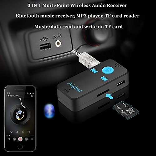 Bluetooth Receiver Adapter, Aigital Portable Bluetooth Hands Free Car Kit Audio Receiver Adapter Wireless Music Player, Easy Operation and Connection, Supports TF Card MP3 Play