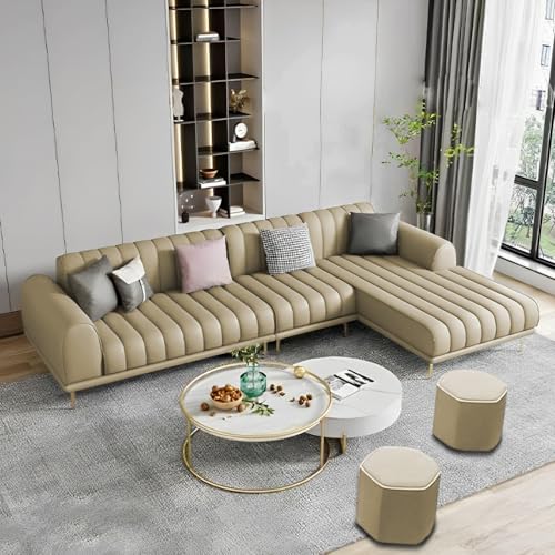 Image of Casaliving Herrick RHS 6 Seater L Shape Sofa Set with 2 Puffy for Living Room (Cream Colour) Premium Velvet Fabric Sofa Set