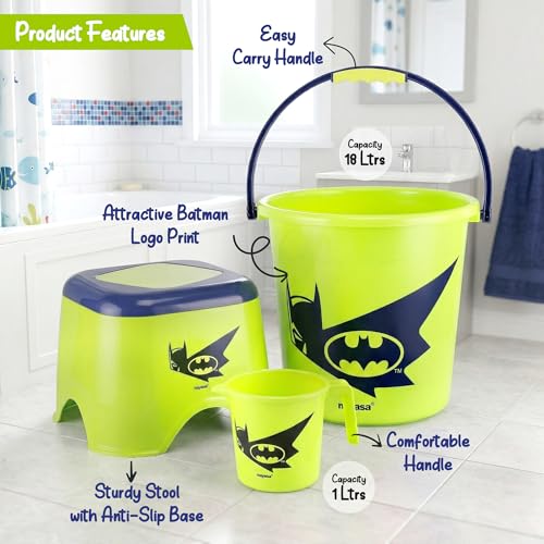 Image of Nayasa Kids Batman Print Bathroom Set of 3 | 18 LTR Bucket, 1 LTR Mug and Stool Combo for Children | Sturdy and Durable | Lightweight and Rigid | Easy to Clean and Attractive Design | Green