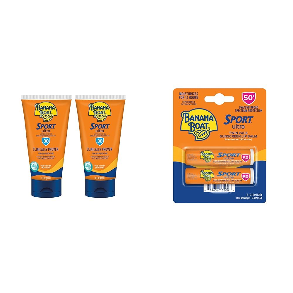 Banana Boat Sport Ultra Sunscreen Lotion SPF 30 Twin Pack 3oz and Lip Balm SPF 50 Twin Pack Travel Size Sunblock for Active Lifestyle