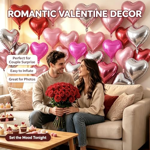 Image of 50 Pcs Red Pink Silver Rosered Heart Balloons,5 Inch and 10 Inch Heart Foil Balloons Love Balloon Valentine Balloon for Birthday Party Wedding Engagement Party Baby Shower Valentine Day Decorations
