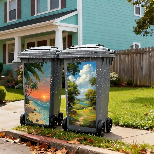 Image of 2 PC Trash Can Sticker 14.57 x 32.28 Inch Nature Landscape Design Vinyl Sticker with Sunset Beach Palm and Mountain Valley Path Pattern for Outdoor Garbage Bin Garden Yard Driveway Home Decor