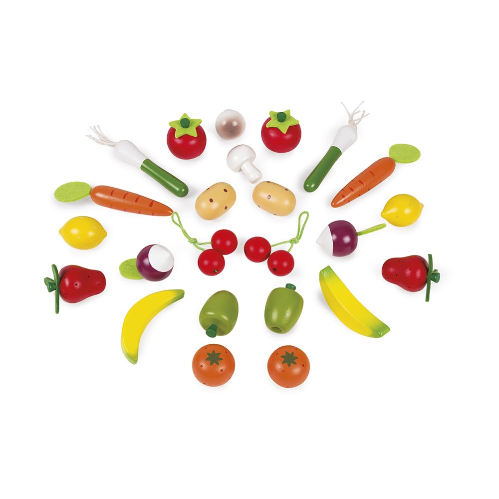Janod - Cestino di 24 Frutti e Verdure - Giocattolo Imitativo Cestino della Spesa - Ideale per Giocare al Negoziante - Da 3 Anni in Su, J05620