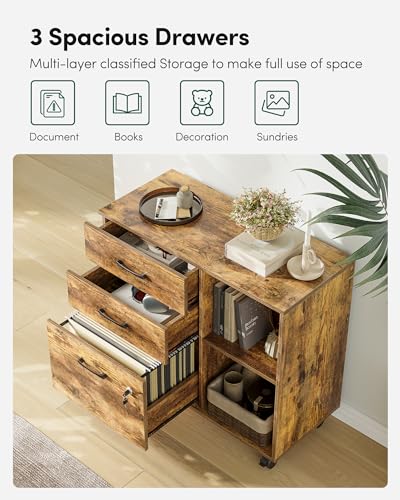 Image of FEZIBO 3-Drawer Mobile File Cabinet, Lateral Filing Cabinet with Lock, Printer Stand with Open Storage Shelves for Home Office, Filing Cabinets for Home Office, Rustic Brown