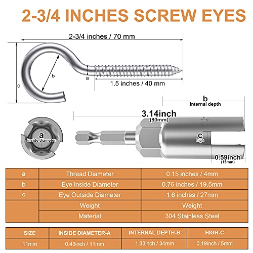 304 Stainless Steel Screw-In Hooks, Metal Hooks, Heavy-Duty Screw Eye Hooks, Wood Terminal Ring Eye Hooks,Christmas Lighting Hook (26 Pcs +1 Pcs 1/4" Hex Shank Wing Nut Driver) #TOP1