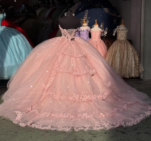 Sweetheart Lace Appliques Quinceanera Dresses with Train Glitter Diamonds Ball Gown Layered Princess XV Dress SK0023