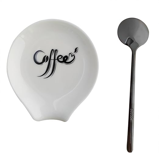 Coffee Spoon Rest, Small Ceramic Coffee Spoon Holder, Porcelain Spoon Holder, Ceramic Spoon Rest for Tablespoon,Teaspoon,Bar Spoon,Coffee Bar Accessories (Spoon Rest+Black Spoon)