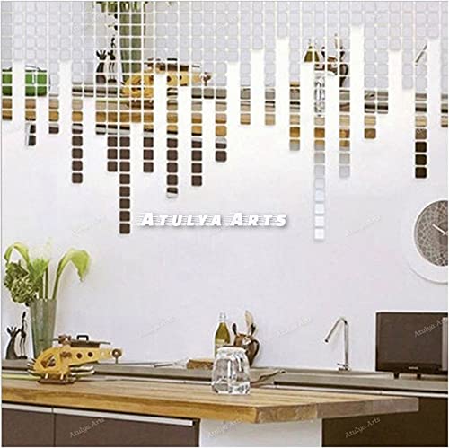 Atulya Arts 100 PCS (3 cm Each) Sqaure Mirror Silver Wall Stickers 3D Decorative Acrylic Mirror Wall Stickers for Home décor Bedroom Living Room Decor (Silver)