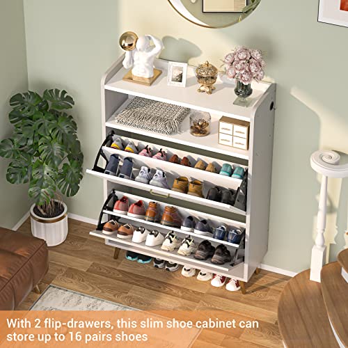 Aheaplus Shoe Cabinet With Flip Doors, Shoes Storage Organizer With Motion Sensor Led Light, Entryway Wood Freestanding Tipping Bucket Shoe Rack With Open Shelves For Closet,Living Room, Grey&White #TOP1