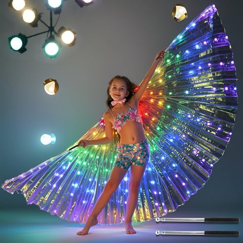 Light Up Fairy Wings for Girls Rainbow Glowing Butterfly Wings Costume Led Fairy Wings with Sticks for Christmas Halloween Party Carnival Costumes