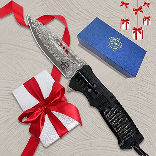 Chelonian Damascus Steel Hunting Folding Knives,Spring Assisted Pocket Knife With Led Light Magnesium Fire Starter Whistle (Black) #TOP5