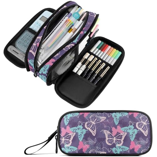 Image of Fustylead Pretty Pink and Blue Pixelated Graffiti Butterflies Big Capacity Pencil Pen Case Multi-Purpose Organizer for Office College School Hiking Travel