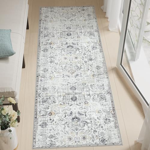 jinchan Distressed Vintage Runner Rug, 2x5 Grey, Washable Rug Non Slip