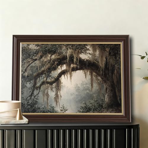 Image of Antique Framed Spanish Moss Oak Canvas Wall Art, Southern Forest Landscape Oil Painting Canvas Prints, Vintage Nature Wall Decor Pictures for Living Room Bedroom Bathroom