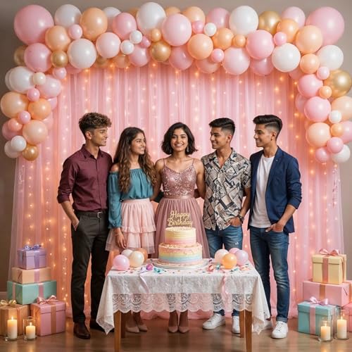 Image of Party Propz Pink Backdrop for Decoration - 4 Pcs, Backdrop Cloth for Decorations Pooja, Background Decoration Items, Pink Satin Curtain with Ribbon & Light (Satin Mix)