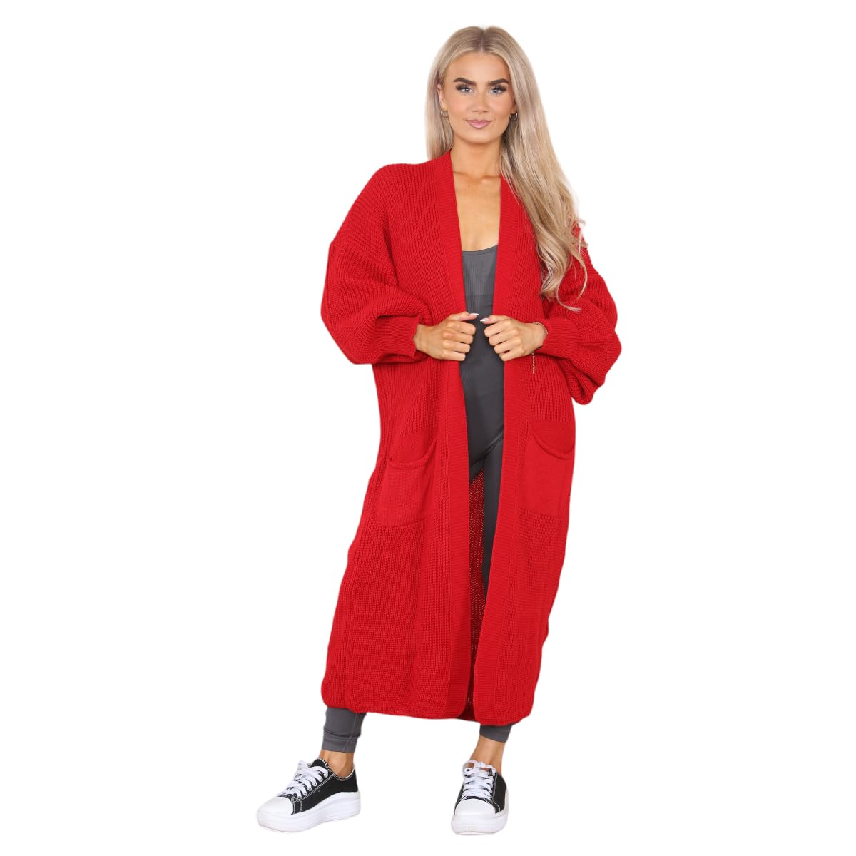 celebmodelook Womens Balloon Sleeve Cardigan Ladies Chunky Knitted Open Front Winter Oversized Long Maxi Cardigan Red