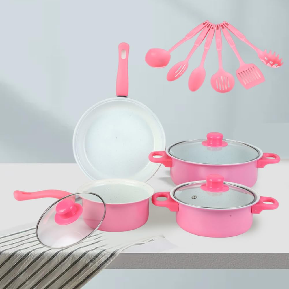 Juego de 12 utensilios de cocina antiadherentes con tapa para todo tipo de fuegos (rosa)