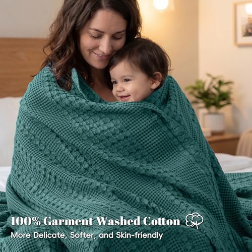 Image of PHF 100% Cotton Waffle Blanket Queen Size for Bed, Lightweight Breathable and Soft for Summer, Luxury Aesthetic Waffle Weave Blanket for Home Decor & Gifts for Women, 90 inchx90 inch, Teal