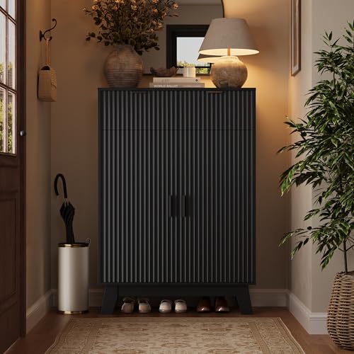 Fluted Shoe Cabinet, 4-Tier Mid Century Modern Narrow Shoe Storage Cabinet with Doors & 2 Drawers, Adjustable Shelves, Freestanding Hidden Shoe Rack Organizer & Wooden Legs for Entryway