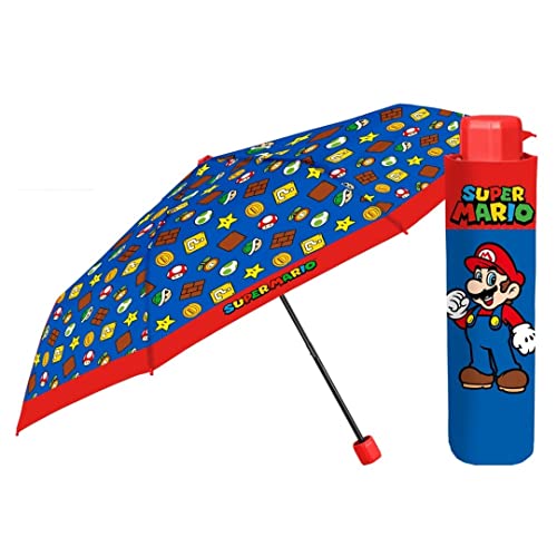 PERLETTI 139950 Regenschirm für Kinder, faltbar, 50/8, Handbuch, 3 Abschnitte, Super Mario, Polyestergewebe, winddicht, Kids, Farbig, único, Lässig, Cartoon Cover