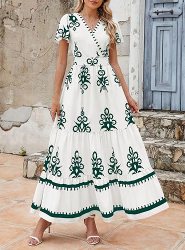 Image of PRETTYGARDEN Womens 2026 Summer Casual V Neck Boho Maxi Dress Flowy Aline Bell Sleeve Tiered Floral Dresses with Pocket