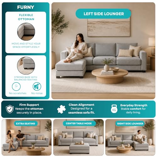 Image of FURNY Revona 4 Seater L Shape Sofa Set with Movable Ottoman | Flexible Left or Right Layout | Plush Velvet Fabric (Light Grey) | Perfect for Living Room, Guest Room & Office
